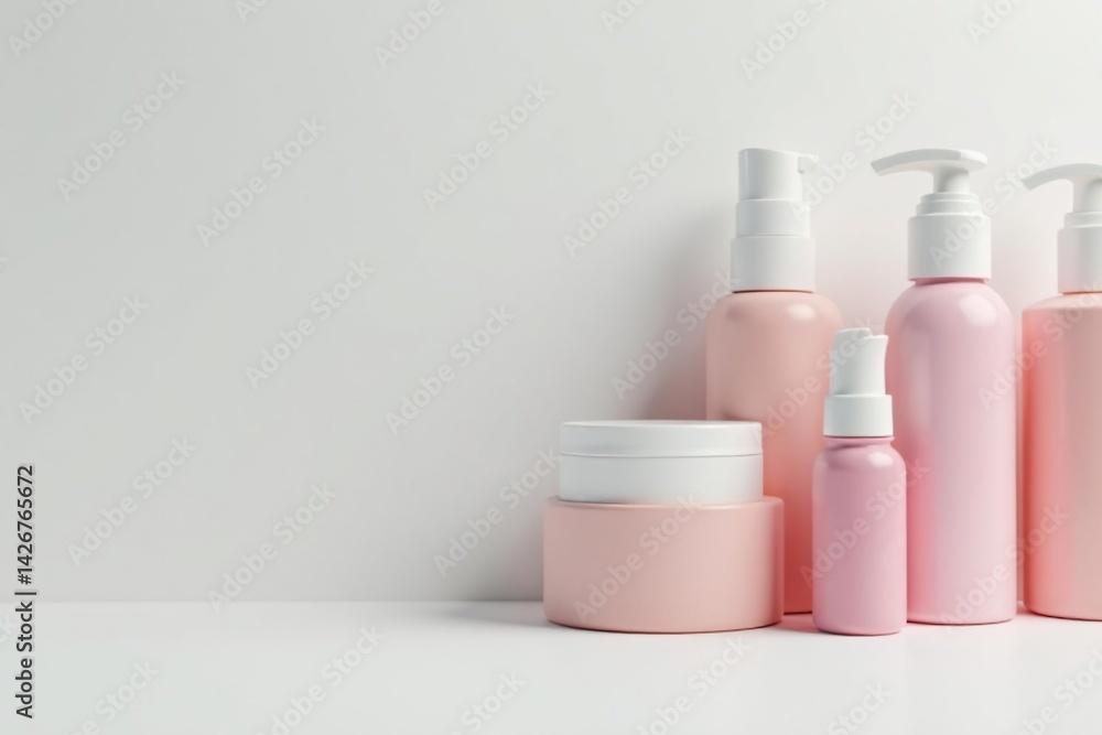 Set of skincare bottles against white backdrop , aesthetic, collection, cosmetics Set of skincare bottles against white backdrop , aesthetic, collection, cosmetics