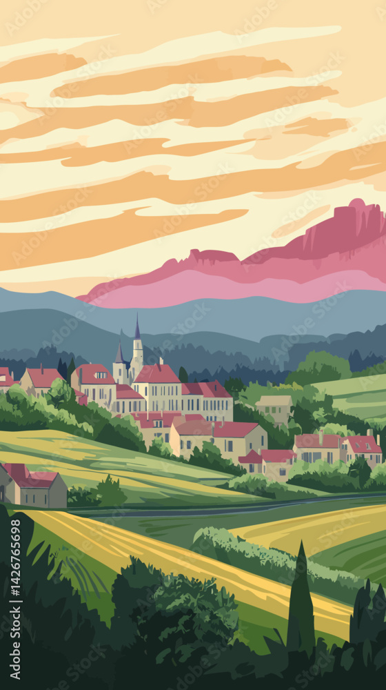 Naklejka premium Retro Tourism Poster of Bourgogne-Franche Landscape with Rolling Hills and Vineyard Vibes