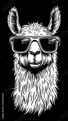 Cool Llama with Sunglasses Engraving Black and White Outline Vector Art