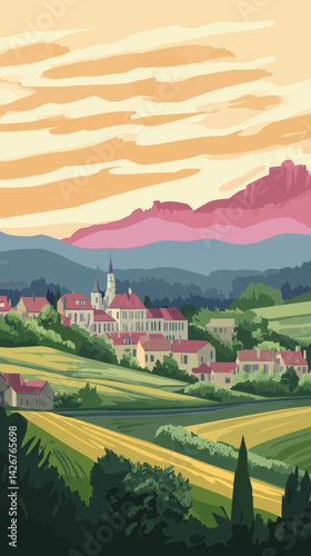 Retro Tourism Poster of Bourgogne-Franche Landscape with Rolling Hills and Vineyard Vibes