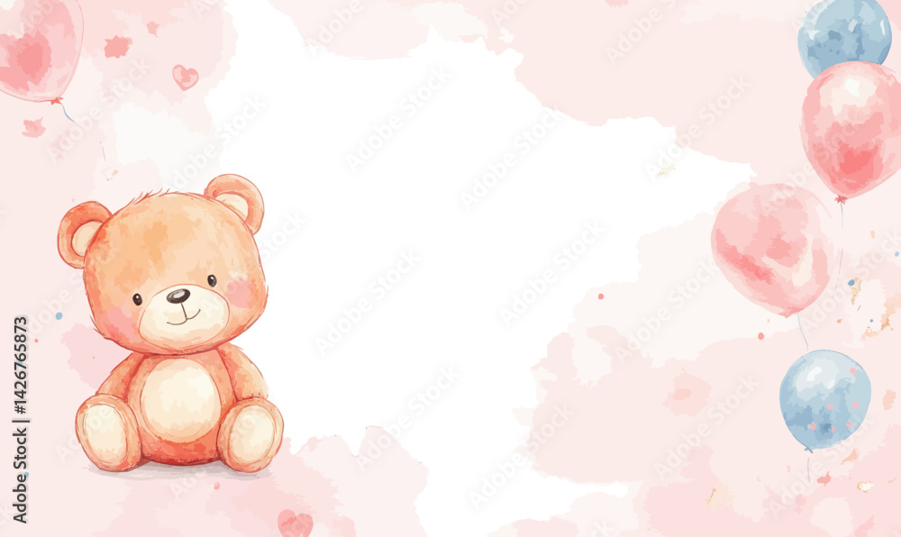 Cute Baby Shower Watercolor Invitation with Teddy Bear and Balloons for Newborn Celebration Cute Baby Shower Watercolor Invitation with Teddy Bear and Balloons for Newborn Celebration