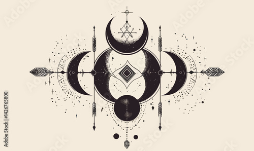 Mystical Geometric Moon and Arrow Tattoo Design in Minimalist Abstract Style