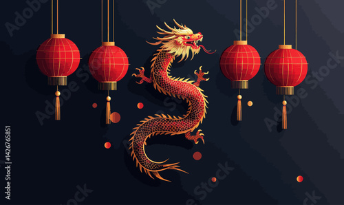 Lunar New Year 2024 Dragon with Red Lanterns and Gold Accents Vector Illustration