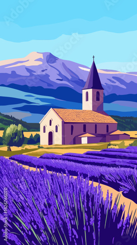 Provence Lavender Fields and Historic Church Retro Travel Poster, European Summer Landscape Art