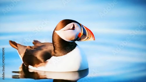 Puffin Swimming Wave, an Atlantic puffin swimming on shimmering blue ocean waves, bird colorful beak and smooth motion create a captivating wildlife