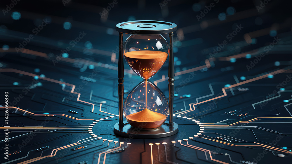 Digital Era of Time: An elegant hourglass resting on a motherboard, embodying the rapid passage of time in our technology-driven world. Digital Era of Time: An elegant hourglass resting on a motherboard, embodying the rapid passage of time in our technology-driven world.