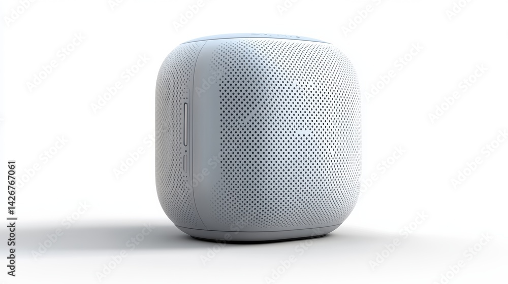 Obraz premium A smart home speaker with built-in voice assistant isolated on a pure white background, realistic lighting and shadow, ideal for cut-out and compositing