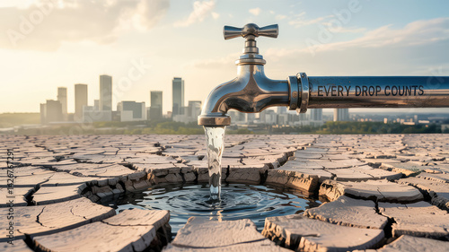 Water Tap and Desert Crisis: A striking visual narrative unfolds as a water tap gushes life-giving water into a cracked desert, symbolizing the critical need for conservation amidst an urban backdrop.