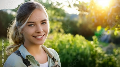 young European gardener smiling warmly in a sunlit garden. The image captures the natural beauty and joy of working outdoors, surrounded by lush greenery and bathed in the soft, gardener’s casual