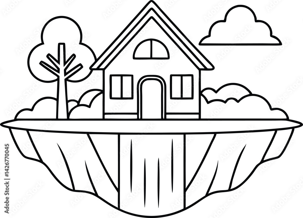 Naklejka premium House with Tree on Ground Cliff, Outlined Cloud, Black and White
