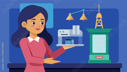 A techsavvy girl confidently demonstrating a 3D printing machine creating a miniature replica of a famous landmark.. Vector illustration