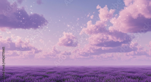 Serene Lavender Field at Sunset with Magical Sparkling Sky