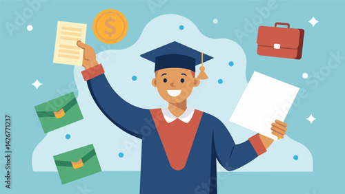 A relieved student receiving a letter of approval for their appeal thanking the financial aid office.. Vector illustration