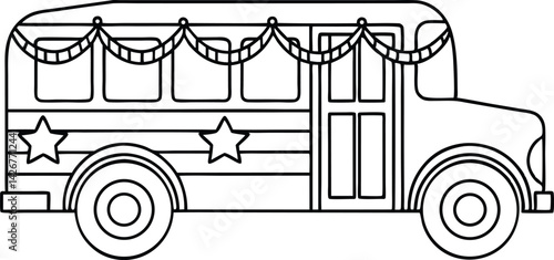 School Bus Outline with Stars and Garland, Black Line Drawing on Transparent