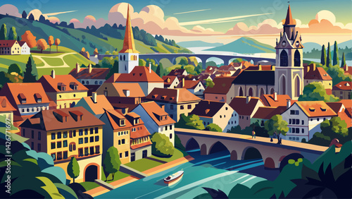 Very beautiful Bern Switzerland Aerial Cityscape: Aare River, Munster Cathedral, Old Town Bridge