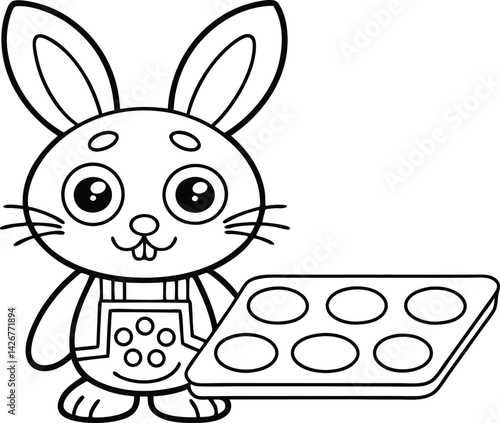 Standing Rabbit Baker with Apron Holding Baking Tray Line Art Outline