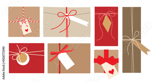 Gift box, present, packaging, envelope with bow, ribbon, rope with kraft paper tag. Set different sizes in flat style isolated on white background for birthday, New Year, Christmas. Vector EPS10