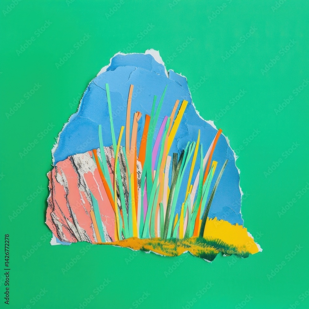 Rock and grass paper cut illustration painting abstract.