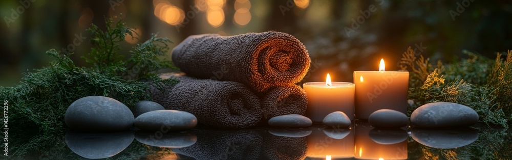 Spa wellness setting with towel, candles, and stacked stones for a calming and peaceful atmosphere Spa wellness setting with towel, candles, and stacked stones for a calming and peaceful atmosphere