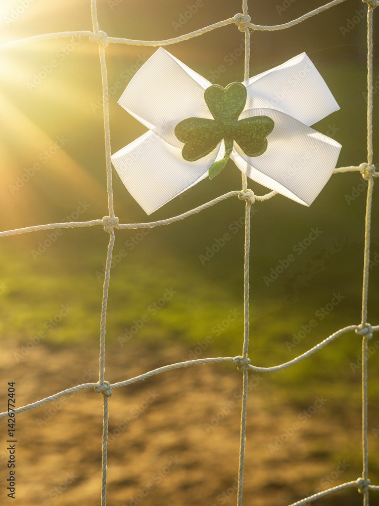 White bow with green Irish shamrock attached on a goal post net. Support for national sport of Ireland, hurling, Gaelic football, rugby, camogie. Selective focus. Boys in green fan base. Sun flare.
