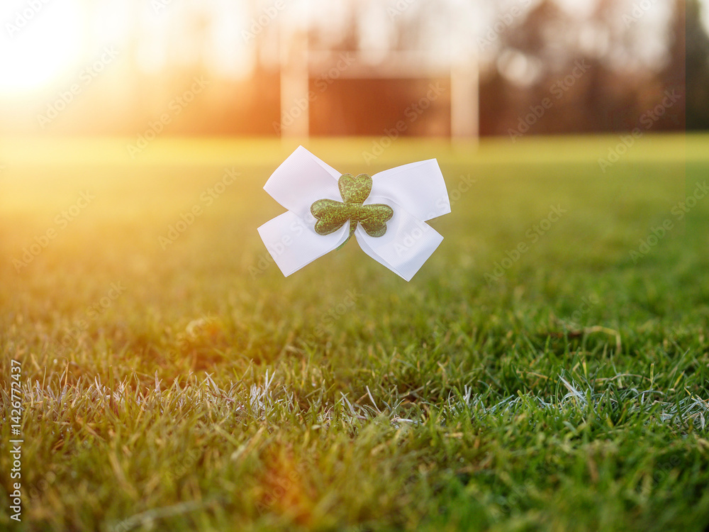 White bow with green Irish shamrock attached on a goal post net. Support for national sport of Ireland, hurling, Gaelic football, rugby, camogie. Selective focus. Boys in green fan base. Sun flare.