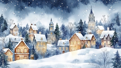 Wallpaper Mural A whimsical watercolor depiction of a Christmas village. Torontodigital.ca