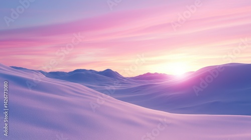 A serene landscape featuring rolling snow-covered hills under a vibrant pink and purple sky at sunrise.