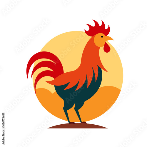 Rooster crowing at sunrise vector illustration