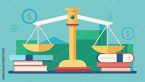 A scale with a stack of dollar bills on one side and a stack of diplomas on the other demonstrating the correlation between higher education and. Vector illustration