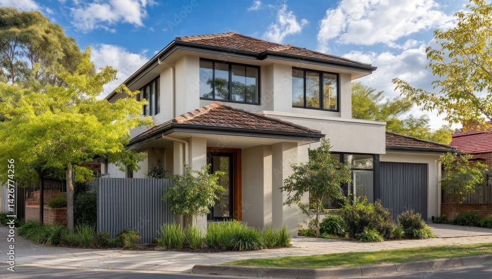 Two-story house on a corner lot, surrounded by trees and a blue sky. For sale Two-story house on a corner lot, surrounded by trees and a blue sky. For sale