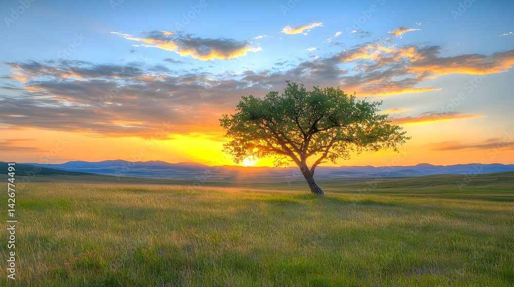 Single Tree Silhouette At Sunrise Over A Field Single Tree Silhouette At Sunrise Over A Field