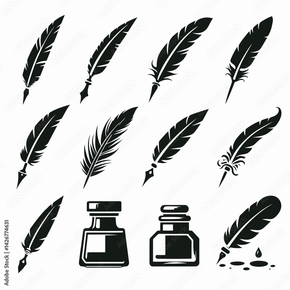 custom made wallpaper toronto digital very simple flat and single minimalist Quill and Ink Set Silhouettes in black on a white background