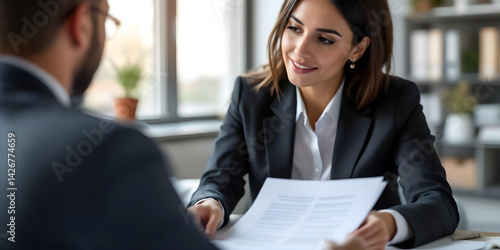 Professional lawyer and client strategize over legal paperwork in wood table setting