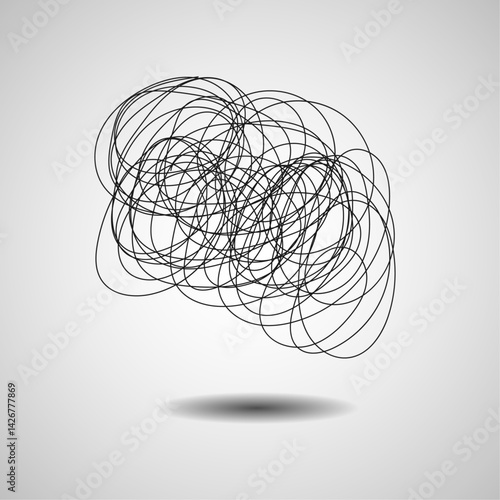 Chaotic black doodle with shadow,thoughts get confused chaos in head