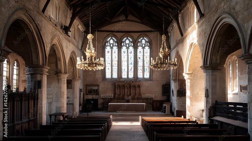 Fototapeta premium Historic Church Interior With Stained Glass And Chandeliers