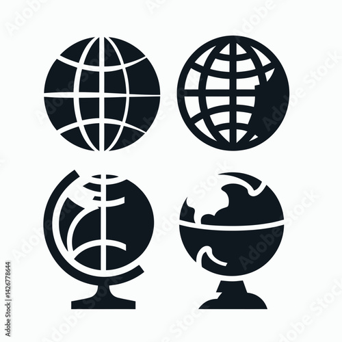  very simple flat and single minimalist Globe Silhouettes in black on a white background 