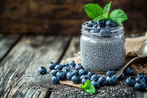 Chia pudding with fresh blueberries and mint in a glass jar on rustic wooden background