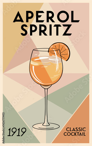 Cocktail retro poster. Aperol Spritz classic cocktail. Popular alcohol drink. Vintage flat vector illustration for bar, pub, restaurant, kitchen wall art print	