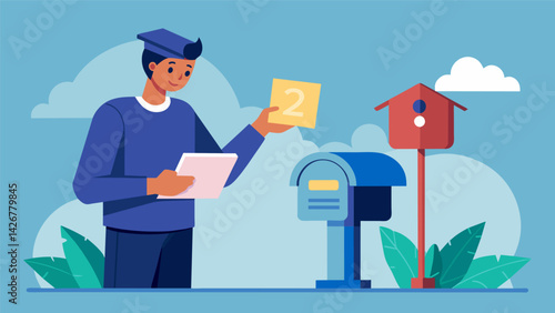 A student opens their mailbox to find a letter from their schools financial aid office notifying them that they have been awarded a scholarship that. Vector illustration