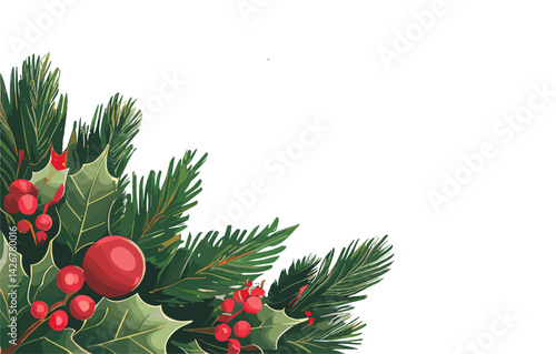 Christmas corner, frame with fir tree branch decorated with red ornaments and holly leaves and berries. Vector illustration isolated on white background
