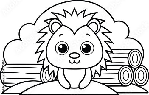 Cartoon Outline Hedgehog Sitting Near Logs Woodpile, Black and White Cute Animal Drawing