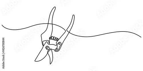 Continuous one line drawing of secateurs plant equipment. Plant scissors  in single line draw illustration. Editable stroke, Gardening scissors vector hand drawn silhouette clipart. Sketch isolated on