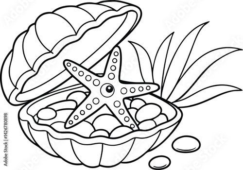 Outline Seashell Open with Starfish Inside and Seaweed Isolated on White