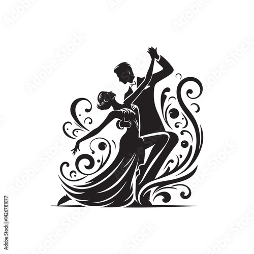 Black Color Ballroom Dance Silhouette Vector Illustration, Solid White Background