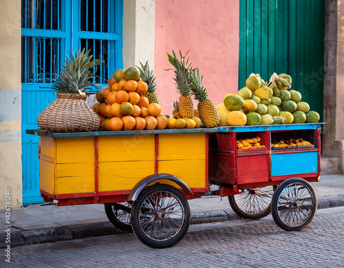 Fototapeta Naklejka Na Ścianę i Meble -  The vibrant colors of Cuban street vendor carts selling fruits or snacks are captured.