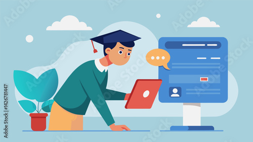 A student nervously clicks submit on their student loan application knowing they are solely responsible for the debt.. Vector illustration
