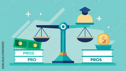 A graphic representation of a scale with one side labeled Pros and the other Cons and a stack of money representing student loans balanced. Vector illustration
