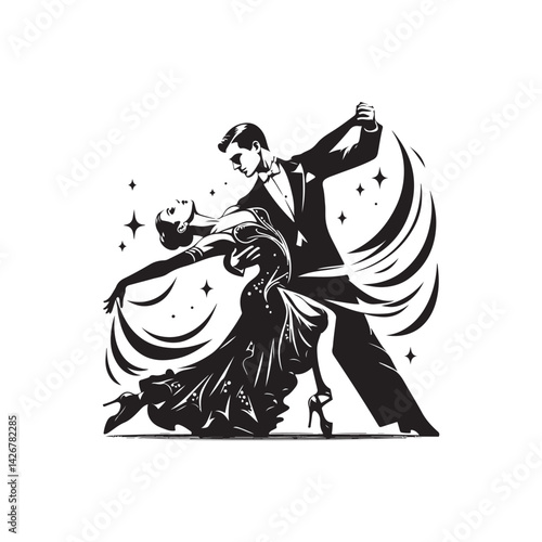 Black Color Ballroom Dance Silhouette Vector Illustration, Solid White Background