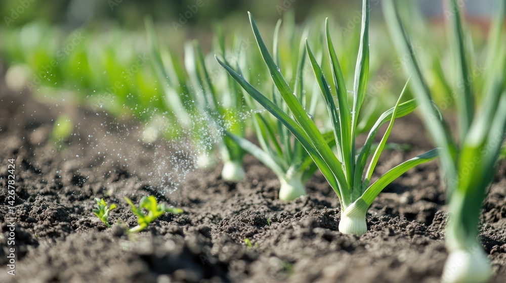 Fresh green onions growing in a well kept fertile garden bed Fresh green onions growing in a well kept fertile garden bed