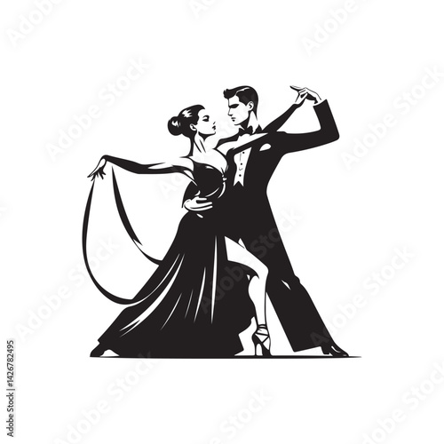 Black Color Ballroom Dance Silhouette Vector Illustration, Solid White Background